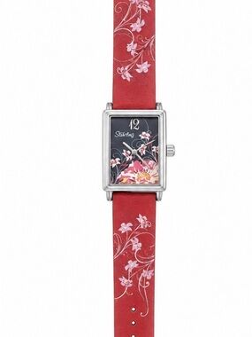 Stuhrling Original Red Floral Leather Strap Rectangular Dial Watch